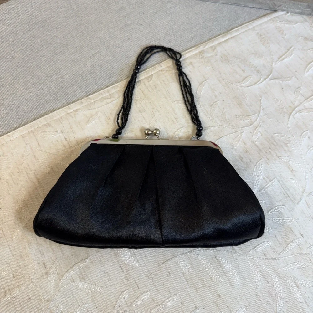 Target Vintage-Style Black Satin‎ Pleated Evening Bag with Beaded Strap 8.25x4.5